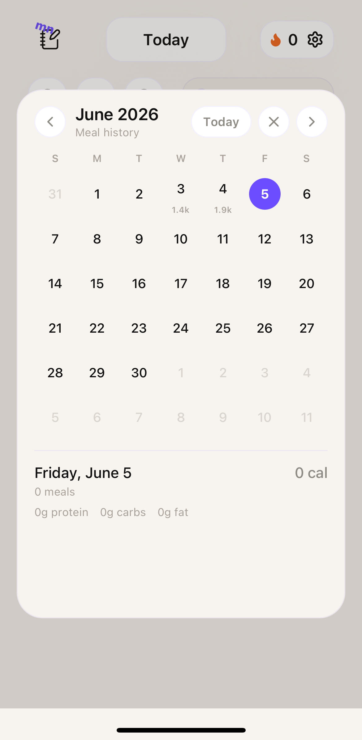 Meal history calendar for June 2026 with daily calorie summaries